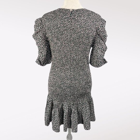 French Connection Smocked Puff Sleeve Floral Crepe Mini Dress Black Pink XS - Picture 6 of 11
